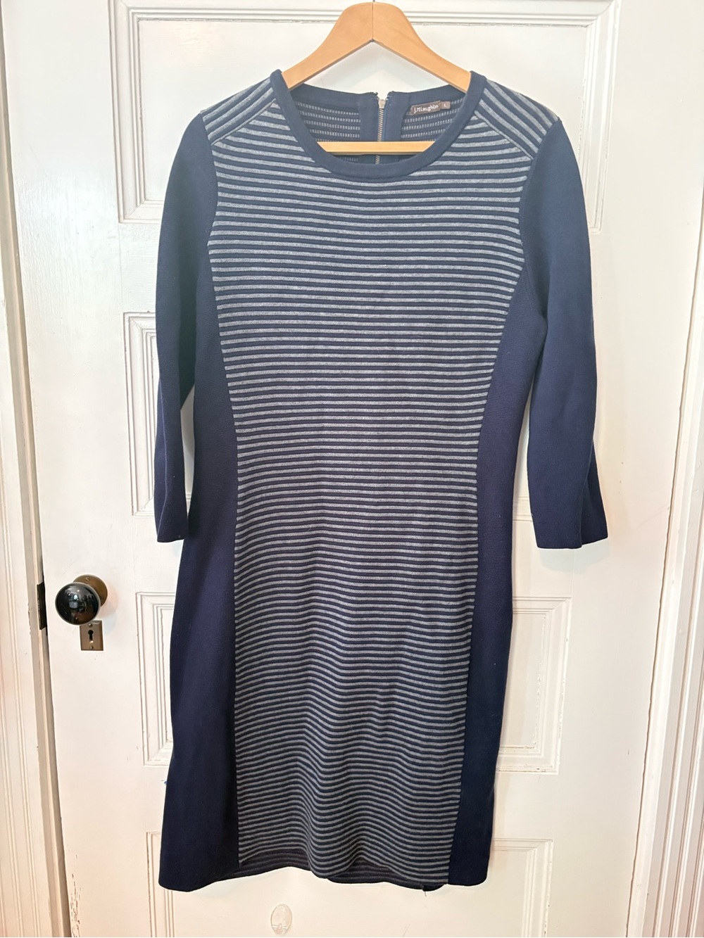 J. McLaughlin Navy and Light Gray Striped Crewneck Cotton Blend Stretchy Dress